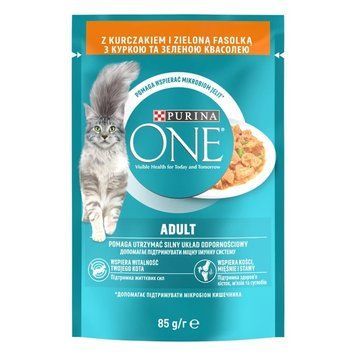 Вологий корм для котів Purina One Adult шматочки в соусі, з куркою та зеленою квасолею, 85 г (7613038255743) 000089803 фото