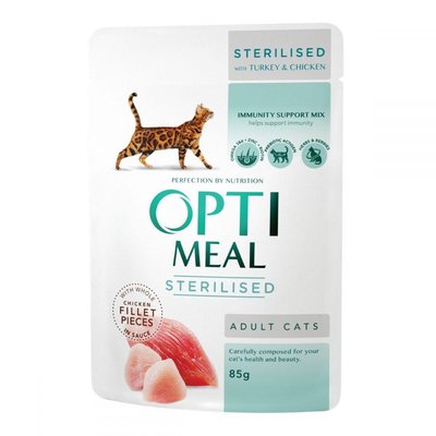 Вологий корм Optimeal для стерилізованих котів з індичкою та курячим філе в соусі 85 г (4820083906015) 000026867 фото