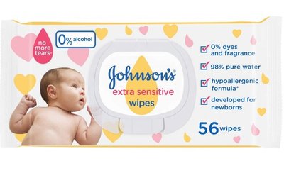 Вологі серветки для дітей Johnson's Baby Екстра ніжні 0+ 56 шт. (3574661599250) В00294405 фото