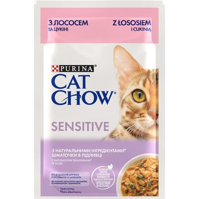 Вологий корм для кішок Purina Cat Chow Sensitive з лососем та цукіні в желе 85г (8445290426574) 000076722 фото