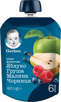 Пюре Gerber Яблуко, груша, малина та чорниця для дітей від 6-ти місяців 90 г (7613036345484) В00099521 фото