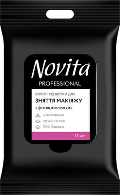Вологі серветки для зняття макіяжу Novita Professional Make up з фітокомплексом 15 шт.(4823071651218) В00289344 фото