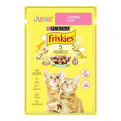 Вологий корм для котів Purina Friskies Junior шматочки в соусі з куркою 85 г (7613036962292) 000035249 фото