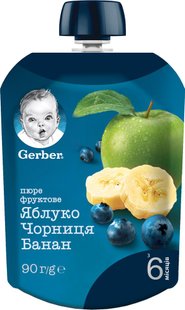 Пюре Gerber фруктове Яблуко, чорниця та банан з 6 місяців пастеризоване 90 г (7613036345880) В00137948 фото