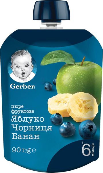 Пюре Gerber фруктовое Яблоко, черника и банан с 6 месяцев пастеризованное 90 г (7613036345880) В00137948 фото