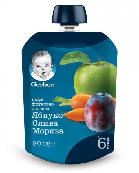 Пюре Gerber фруктово-овощного Яблоко, слива и морковь с 6 месяцев 90 г (7613036345903) В00137947 фото