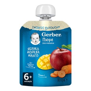 Пюре Gerber яблоко-морковь-манго фруктово-овощное для детей от 6-ти месяцев 90 г (8445290734792) В00305078 фото