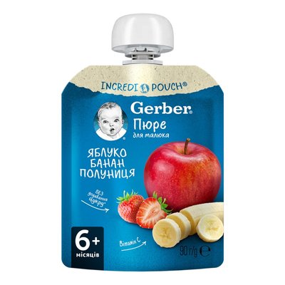 Пюре Gerber яблуко-банан-полуниця фруктове для дітей від 6-ти місяців 90 г (8445290734914) В00305077 фото