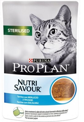 Вологий корм Purina Pro Plan Sterilised Nutrisavour для стерилізованих котів,шматочки в паштеті з тріскою 85 г (7613038265124) 000069670 фото