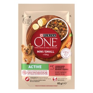 Корм консервированный Purina One Mini/Small Sensitive для взрослых собак до 10кг с рисом и морковью лососем 85 г (8445290332530) 000077987 фото