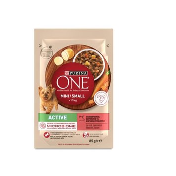 Корм консервированный Purina One Mini/Small Sensitive для взрослых собак до 10кг с рисом и морковью лососем 85 г (8445290332530) 000077987 фото