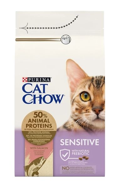 Сухой корм Cat Chow Sensitive для взрослых кошек с чувствительной кожей и пищеварением с лососем 1.5 кг (7613035394131) 000074638 фото