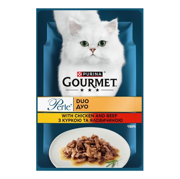 Вологий корм Gourmet Perle Duo для котів з куркою і яловичиною в підливі 85 г (8445291187931) 000079140 фото