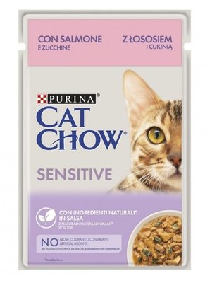 Вологий корм для котів Purina Cat Chow Sensitive з лососем та цукіні в желе 85г (7613037025521) 000073871 фото