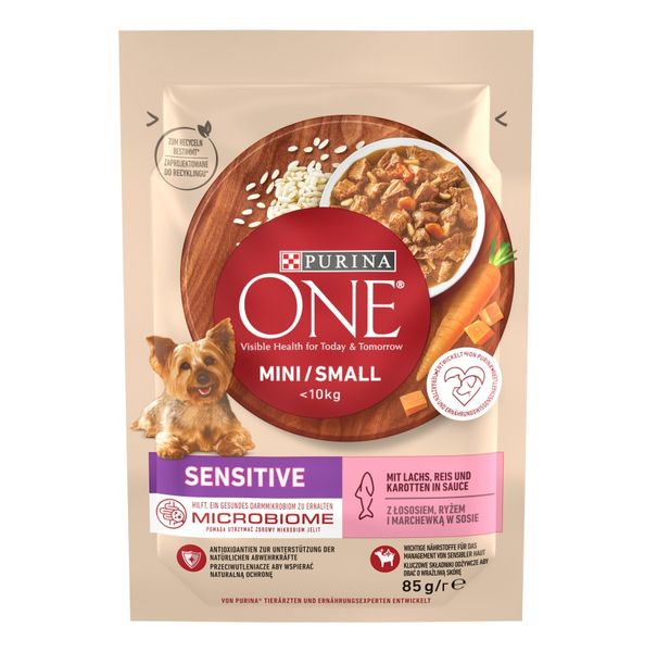 Корм консервированный Purina One Mini/Small Sensitive для взрослых собак до 10кг с рисом и морковью лососем 85 г (8445290332530) 000078944 фото