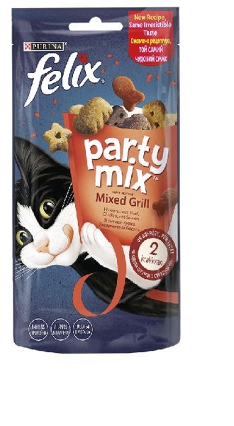 Ласощів для котів Purina Felix Party Mix Гриль Мікс зі смаком курки, яловичини та лосося 60г. (7613287631404) 000076991 фото