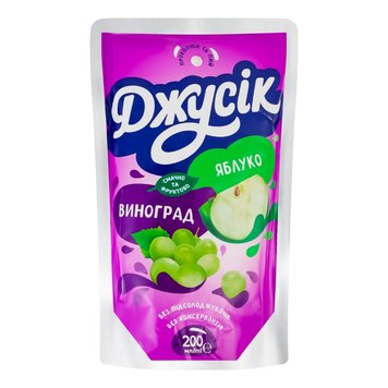 Напій соковий Джусік Яблуко-виноград освітлений пастеризований 200 мл (4820264290407) 000079405 фото