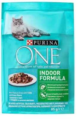Вологий корм Purina One Indoor Formula для котів, тунець і зелена квасоля в соусі 85г.(7613038255903) 000074410 фото