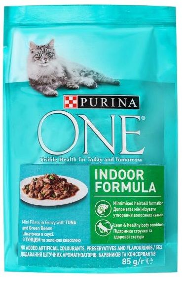 Влажный корм Purina One Indoor Formula для кошек, тунец и зеленая фасоль в соусе 85г.(7613038255903) 000074410 фото