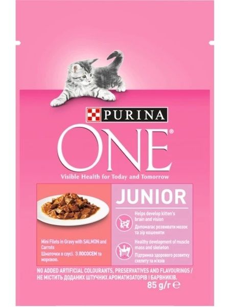 Вологий корм Purina One Junior для кошенят з лососем та морквою 85 г.(7613038224466) 000074411 фото