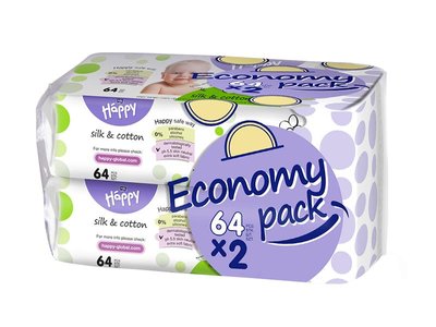 Дитячі вологі серветки Bella Baby Happy Silk & Cotton Economy pack 2 х 64 шт (5900516017996) В00156620 фото