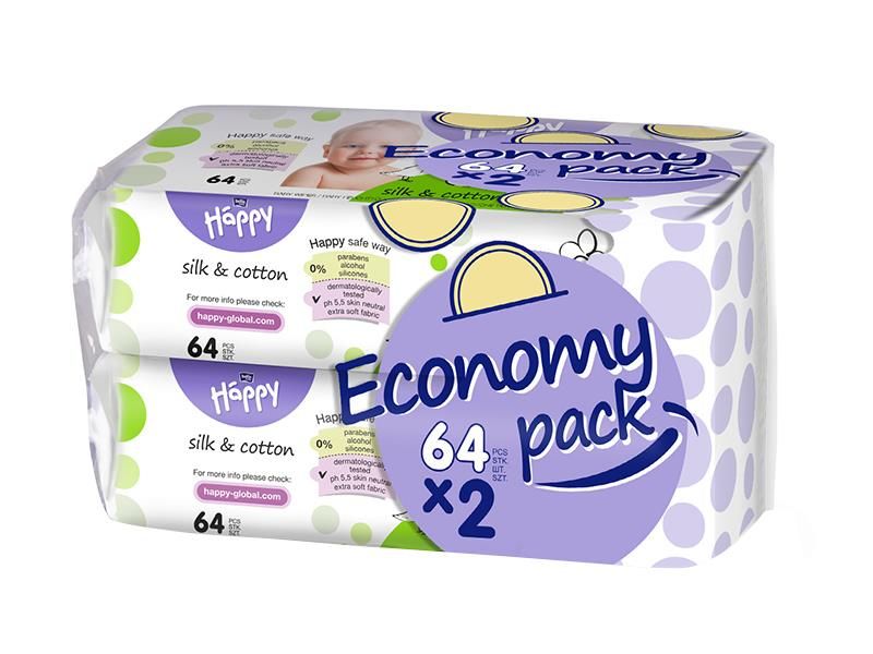 Дитячі вологі серветки Bella Baby Happy Silk & Cotton Economy pack 2 х 64 шт (5900516014971/5900516017996) В00156620 фото