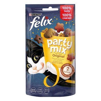 Лакомство Purina Felix Party Mix Original Mix для кошек, микс со вкусом курицы, печени и индейки, 60 г(7613287631459) 000077753 фото
