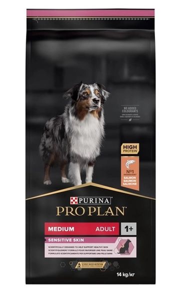 Сухой корм для взрослых собак средних пород Purina Pro Plan Medium Adult 1+ Sensitive Skin с лососем 14 кг. 000072399 фото