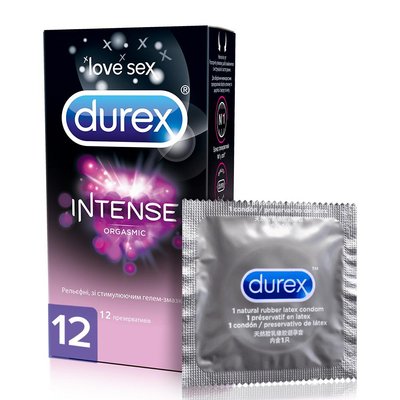 Презервативи латексні з силіконовою змазкою Durex Intense Orgasmic (рельєфні зі стимулюючим гелем-змазкою) 12 шт. (5052197056037) В00147640 фото