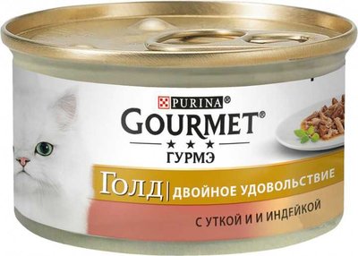 Вологий корм Purina Gourmet «Подвійне задоволення»для котів з качкою та індичкою. Шматочки у підливці. 85 гр (7613031381050) 000011770 фото