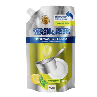 Гель для мытья посуды Wash&Free Средство для мытья посуды лимон и мята 500г дой-пак (4260637724663) В00299493 фото