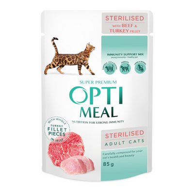 Влажный корм Optimeal Super Premium для стерилизованных кошек с говядиной и индюшиным филе в желе 85 г. (4820215365901) 000075689 фото