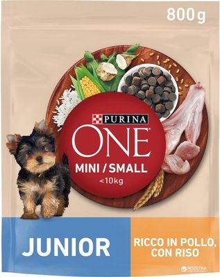 Сухий корм Purina One Mini/Small Junior для цуценят дрібних порід з куркою і рисом 800г.(7613035027022) 000076289 фото