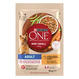 Корм консервированный Purina One Mini/Small Adult для собак до 10кг с курицей морковью зеленой фасолью в подливе 85 г (8445290298263) 000077817 фото