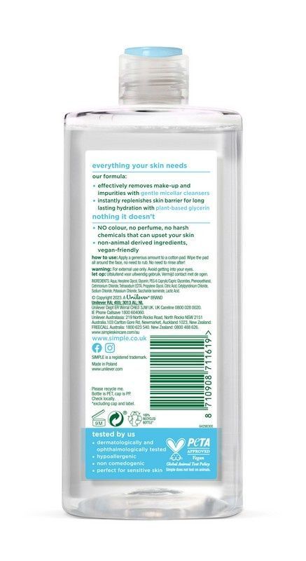 Міцелярна вода Simple Micellar Cleansing Water Pentavitin&Prebiotic 400 мл (8710908711619) В00346834_U фото