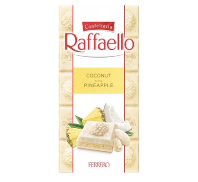 Шоколад Raffaello білий зі смаком ананаса з кокосовою стружкою та мигдалем 90 г (8000500372838) 000072969 фото