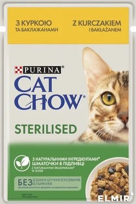 Вологий корм Purina Cat Chow Sterilised для стерилізованих котів, ніжні шматочки з куркою та баклажанами 85 г( 7613037025644) 000062261 фото
