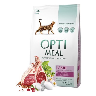 Сухой корм Optimeal для взрослых кошек с чувствительным пищеварением с ягненком 4 кг. (4820083905605) 000020777 фото