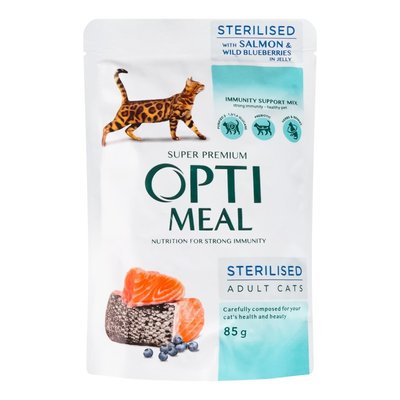 Влажный корм для кошек Optimeal для стерилизованных/кастрированных с лососем и черникой в желе 85 г (4820269140141) 000077472 фото