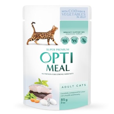 Вологий корм Optimeal для котів з тріскою та овочами в желе 85 г (4820215364041) 000064605 фото