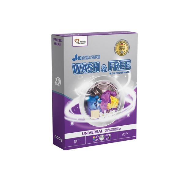 Порошок для прання універсальний жасмін та лаванда з марсельським милом Wash&Free 400 г (4262396140876) В00302798 фото