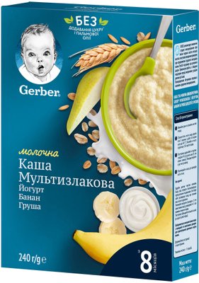 Дитяча каша Gerber Суха молочна швидкорозчинн Мультизлак.з йогуртом,бананом,грушею для дітей з 8міс.240г(7613039834244) В00098393 фото