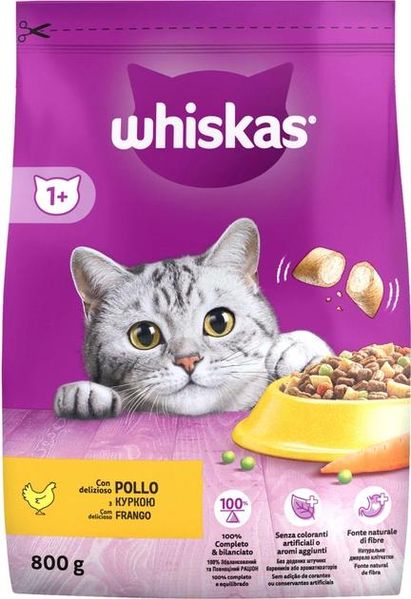 Сухой корм для взрослых кошек Whiskas с курицей 800 г (5998749144367) 000076222 фото